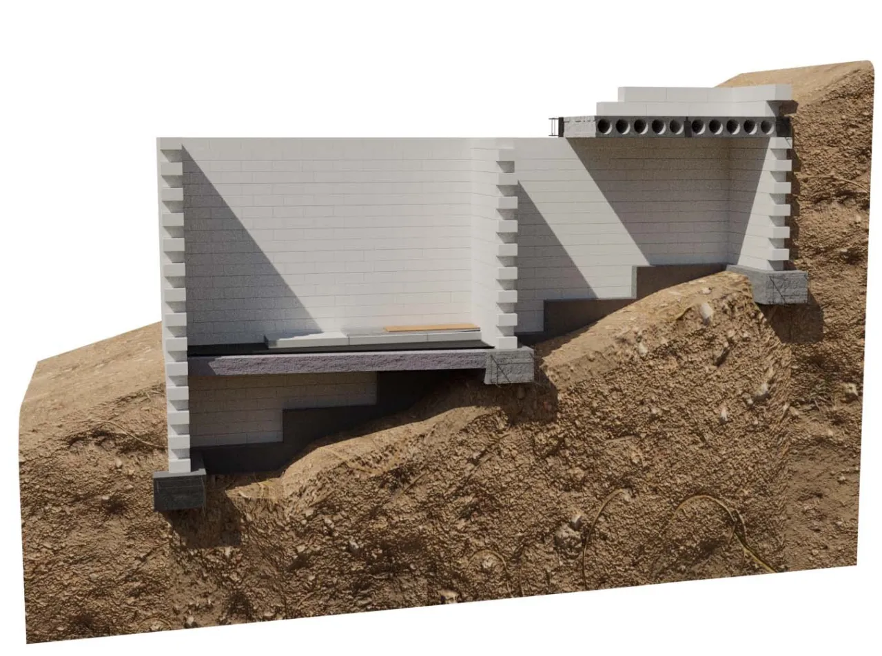 Przekr&oacute;j fundament&oacute;w na zboczu. Pokazuje warstwy izolacji i bloczk&oacute;w, kt&oacute;re określają, ile muszą odstać fundamenty przed dalszymi pracami.