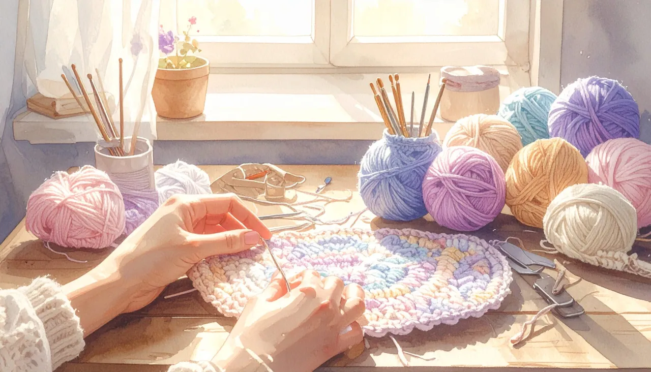 Kolorowe kłębki wł&oacute;czki i druty na drewnianym stole. Ręce dziergają wzorzysty materiał, zastanawiając się, jaka wł&oacute;czka na sweter będzie najlepsza.
