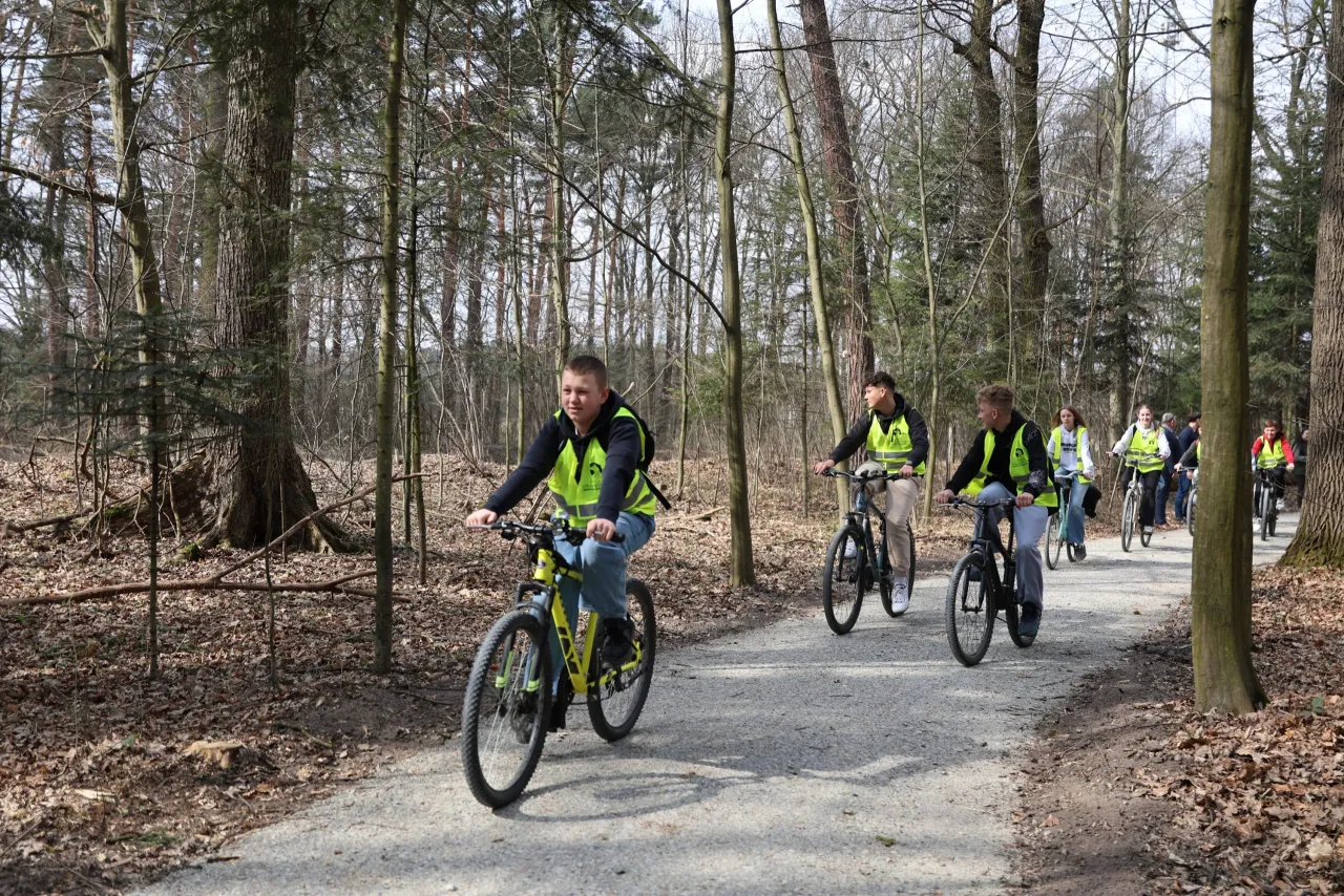 Grupa rowerzyst&oacute;w w kamizelkach odblaskowych przemierza leśną trasę w Leżajsku.