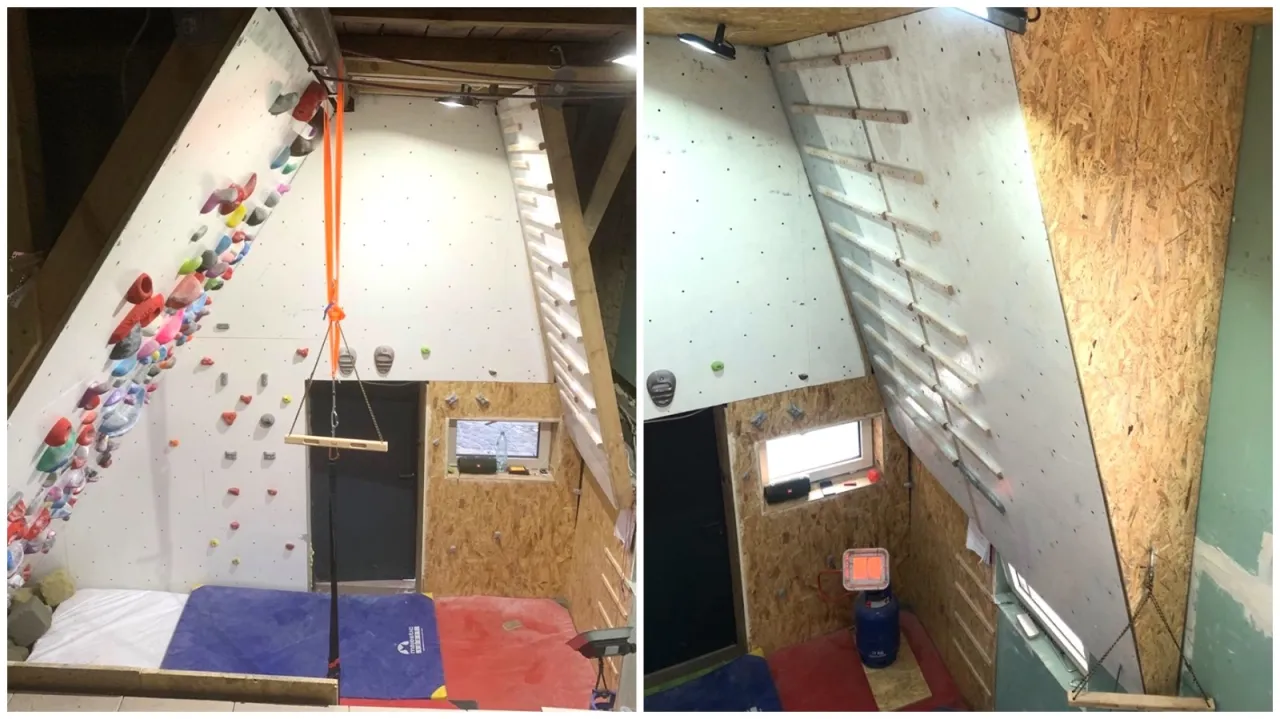 Jak zrobić ściankę wspinaczkową? Wnętrze z kolorowymi chwytami, drabinką i materacami do asekuracji.