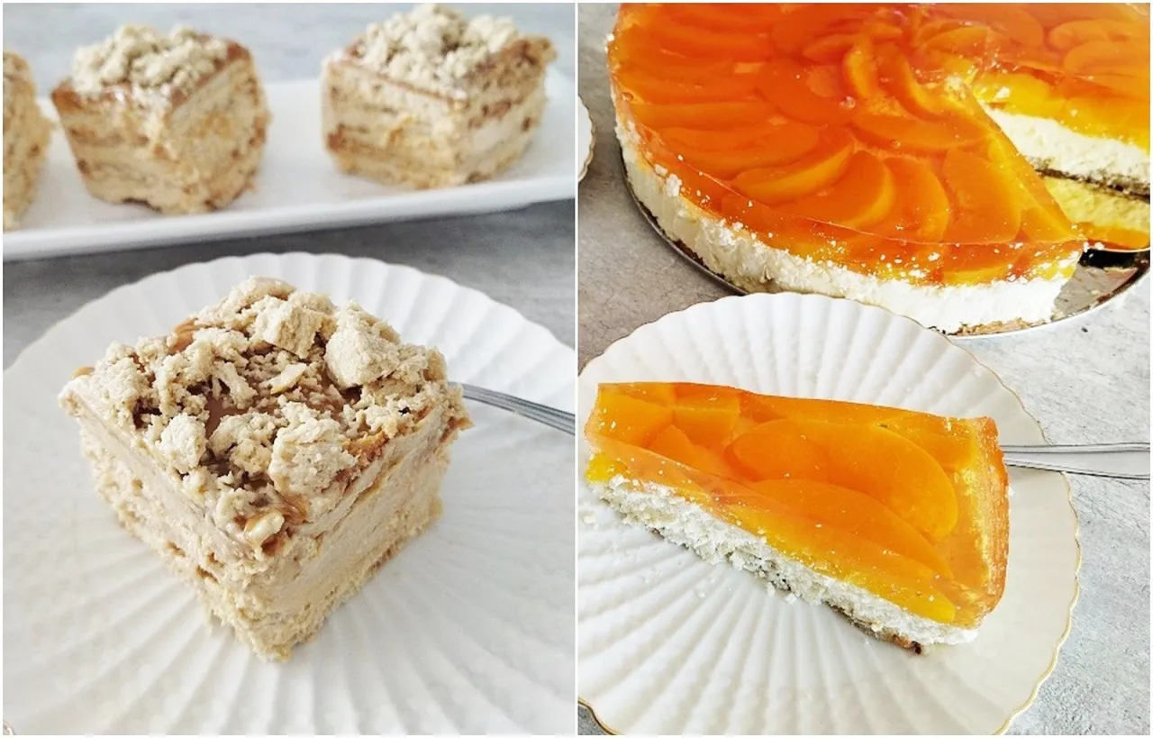 Tanie przepisy na ciasta i desery: kremowe ciasto z kruszonką i lekki deser z brzoskwiniami w galaretce.