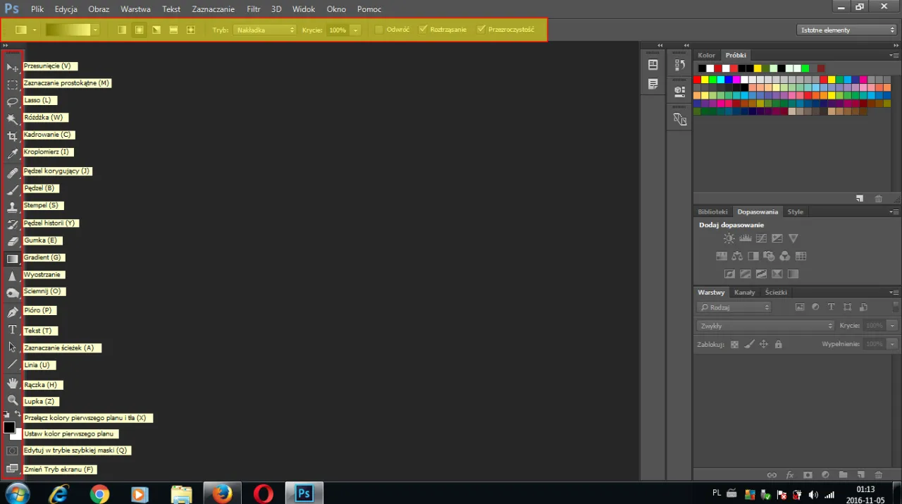 Adobe Photoshop interfejs z widocznym paskiem narzędzi
