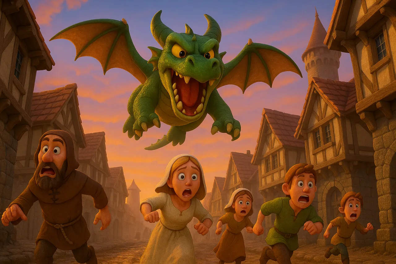 Smok atakuje wioskę, a mieszkańcy uciekają. Jak w baśni o Waligórze i Wyrwidębie, groza wisi w powietrzu.