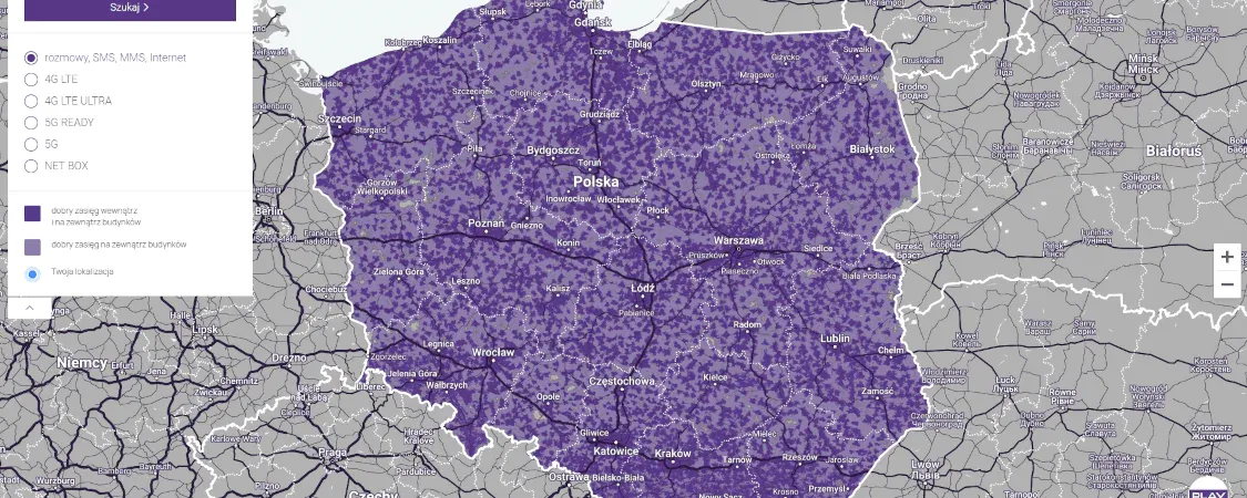 Mapa zasięgu sieci Play Polska