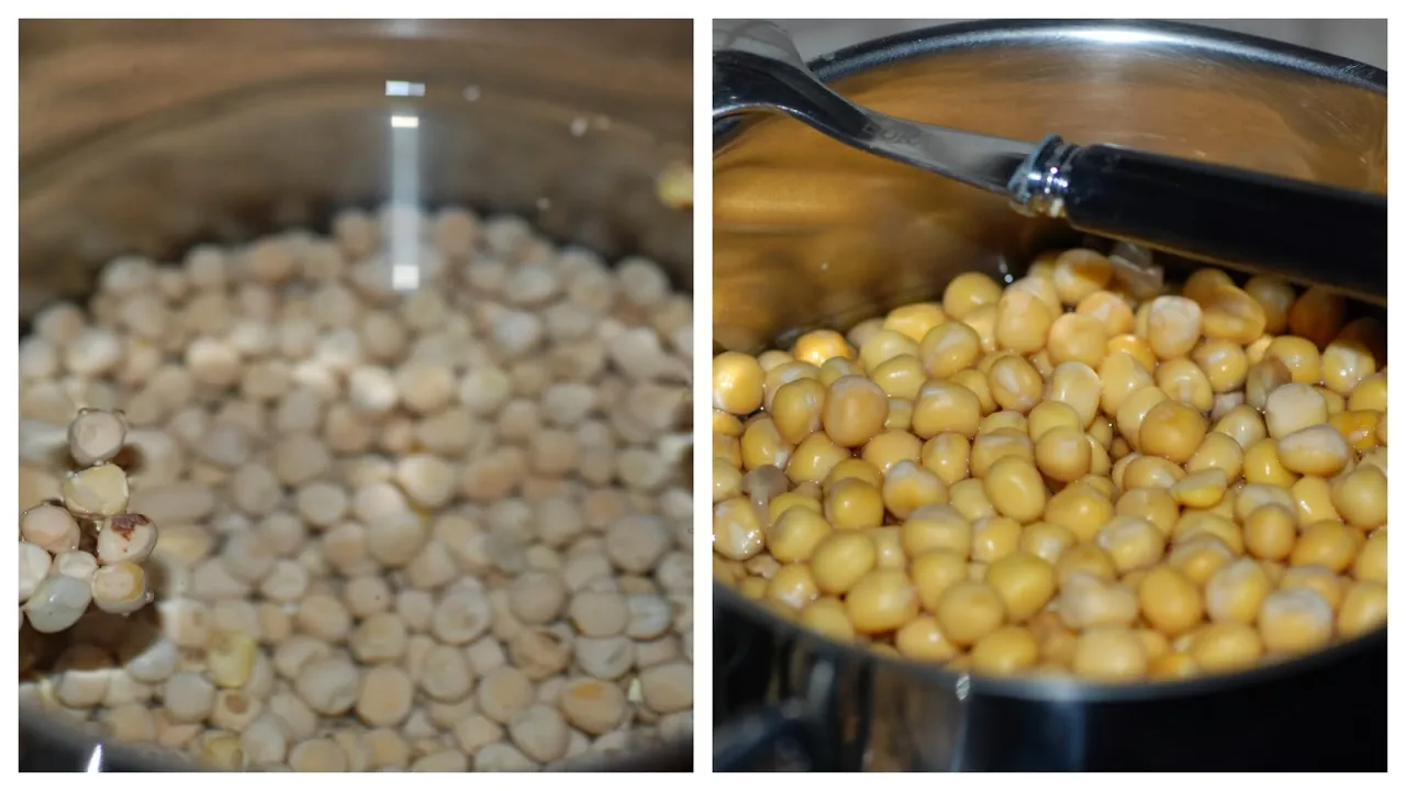 Namoczone i gotowane grochy w garnku, gotowe do przygotowania pysznych ryb.