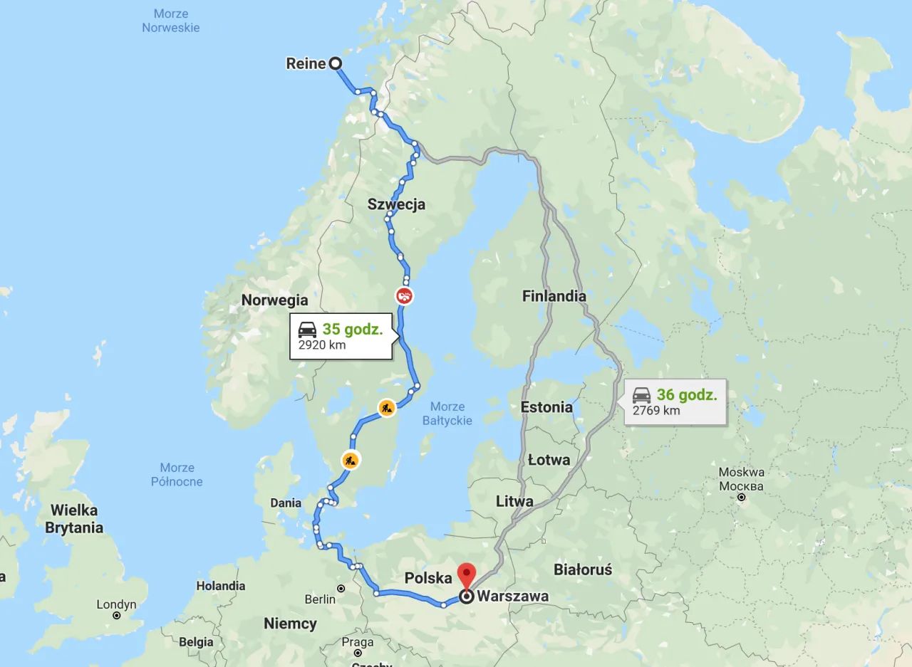 trasa lądowa Norwegia Polska mapa