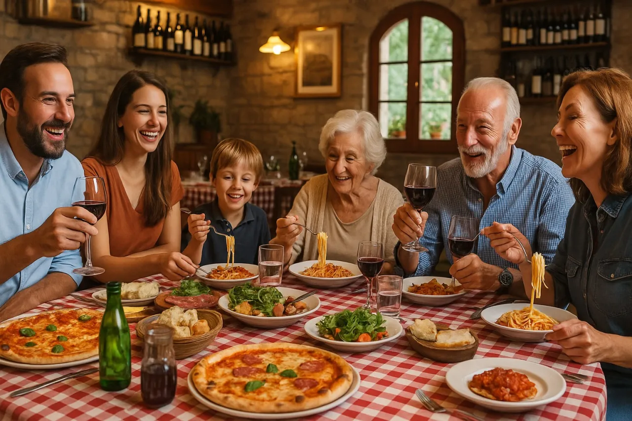 Włoska rodzina przy stole, wsp&oacute;lny posiłek