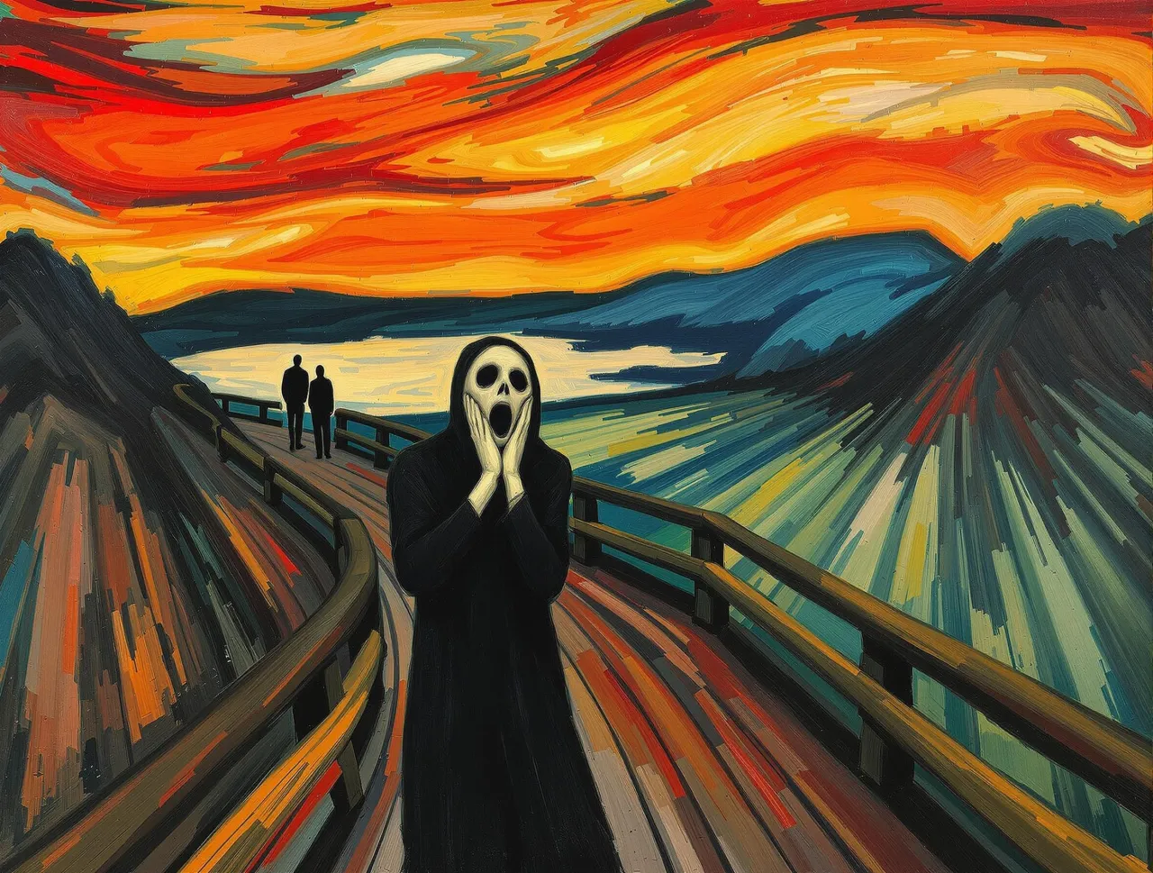 melancholijny krajobraz, dwie odległe postacie, samotność