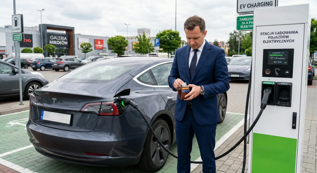Biznesmen sprawdza portfel przy ładowarce, zastanawiając się, ile prądu pobiera ładowanie samochodu elektrycznego. Stacja pokazuje 38 kW.