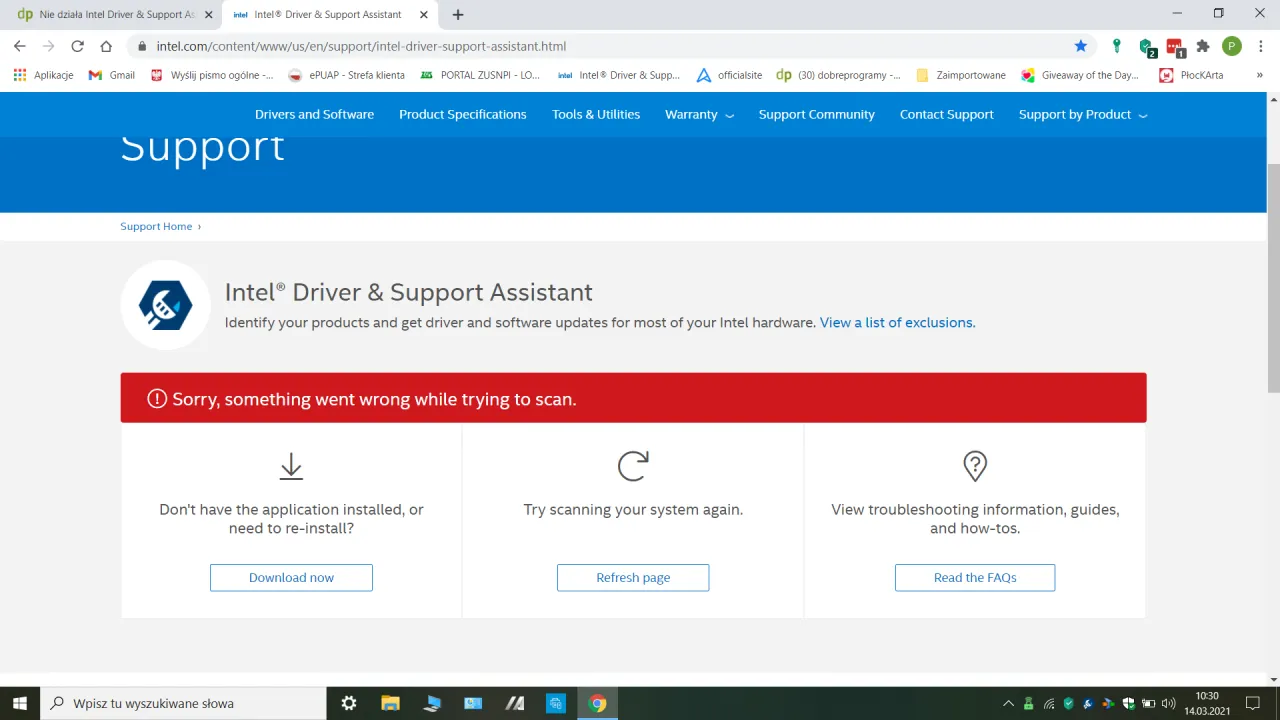 Strona Intel Driver & Support Assistant nie działa. Spr&oacute;buj odświeżyć stronę lub pobrać aplikację, aby dowiedzieć się, jak zaktualizować sterowniki procesora Intel.