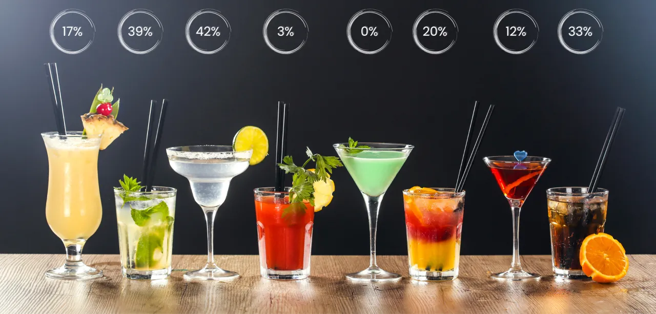 Różnorodne drinki, od orzeźwiających mocktaili po klasyczne koktajle, prezentują się na drewnianym blacie.