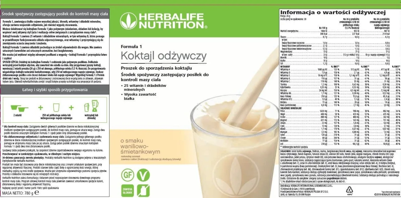 Składniki odżywcze koktajlu Herbalife Formuła 1