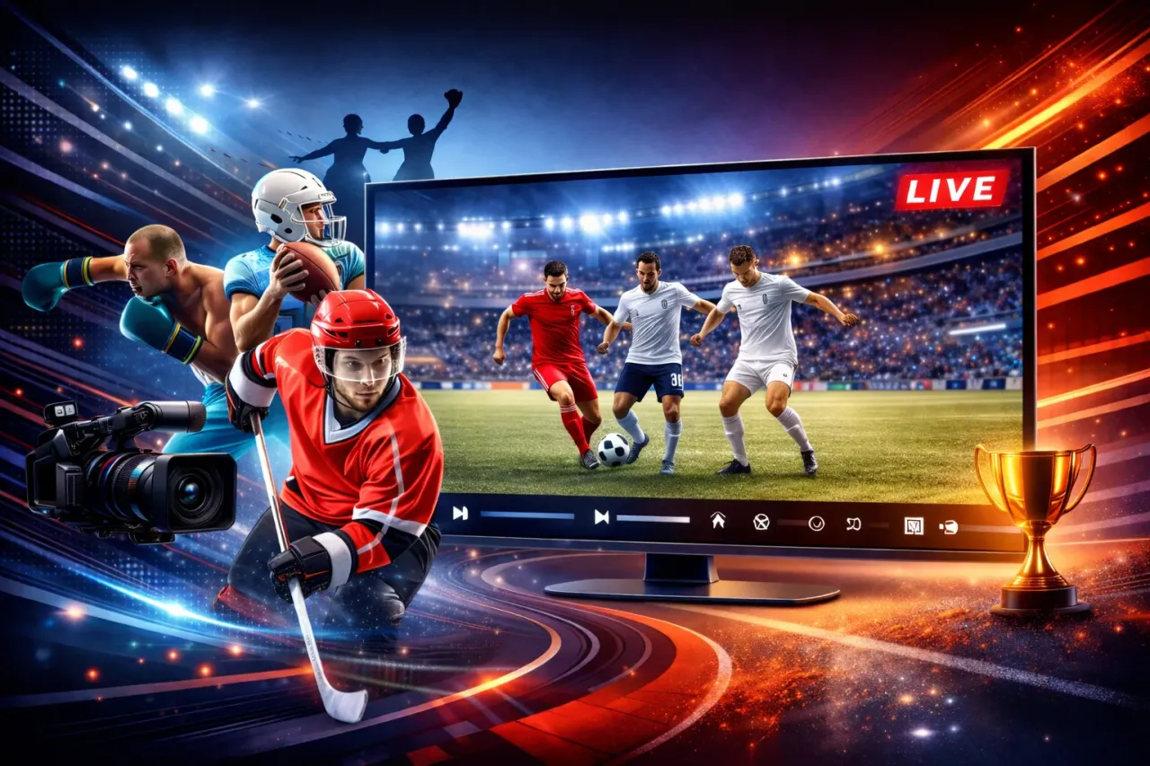 Hokeista, bokser i zawodnik futbolu amerykańskiego na tle ekranu z transmisją meczu piłki nożnej. Czy dziś będzie emocjonujący mecz piłki nożnej?