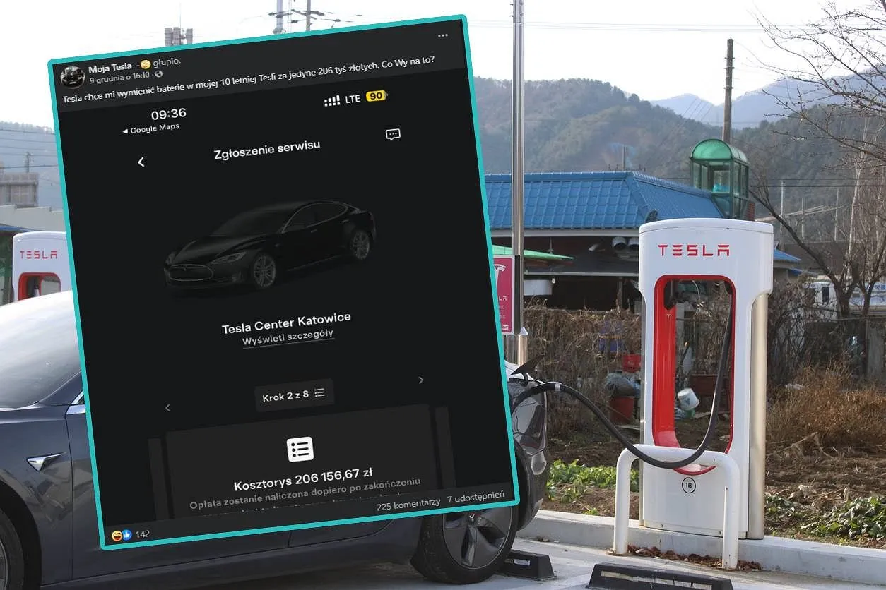 Na ekranie telefonu widać informację o koszcie wymiany baterii w Tesli: 206 156,67 zł. Obok ładowarka Tesli.