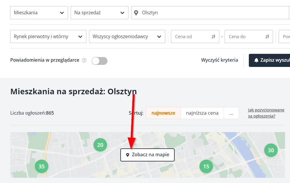 Wyszukiwanie ofert na mapie w portalu nieruchomości (Otodom/Morizon)