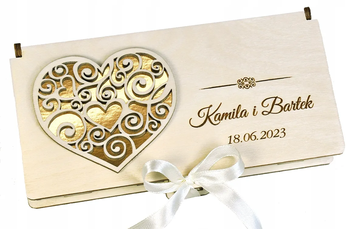 eleganckie opakowanie na pieniądze ślubne, spersonalizowane pudełko na banknoty