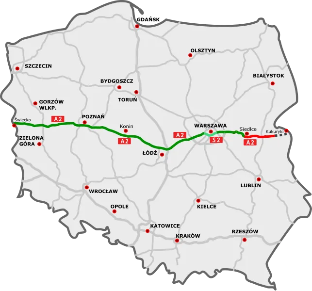 Mapa autostrady A2 z zaznaczonymi darmowymi odcinkami dla pojazdów lekkich