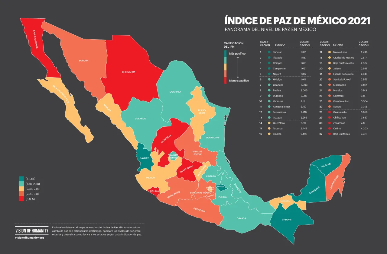 Mapa Meksyku z 2021 roku pokazuje, czy meksyk jest bezpieczny dla turystów. Kolory wskazują poziom pokoju w poszczególnych stanach.