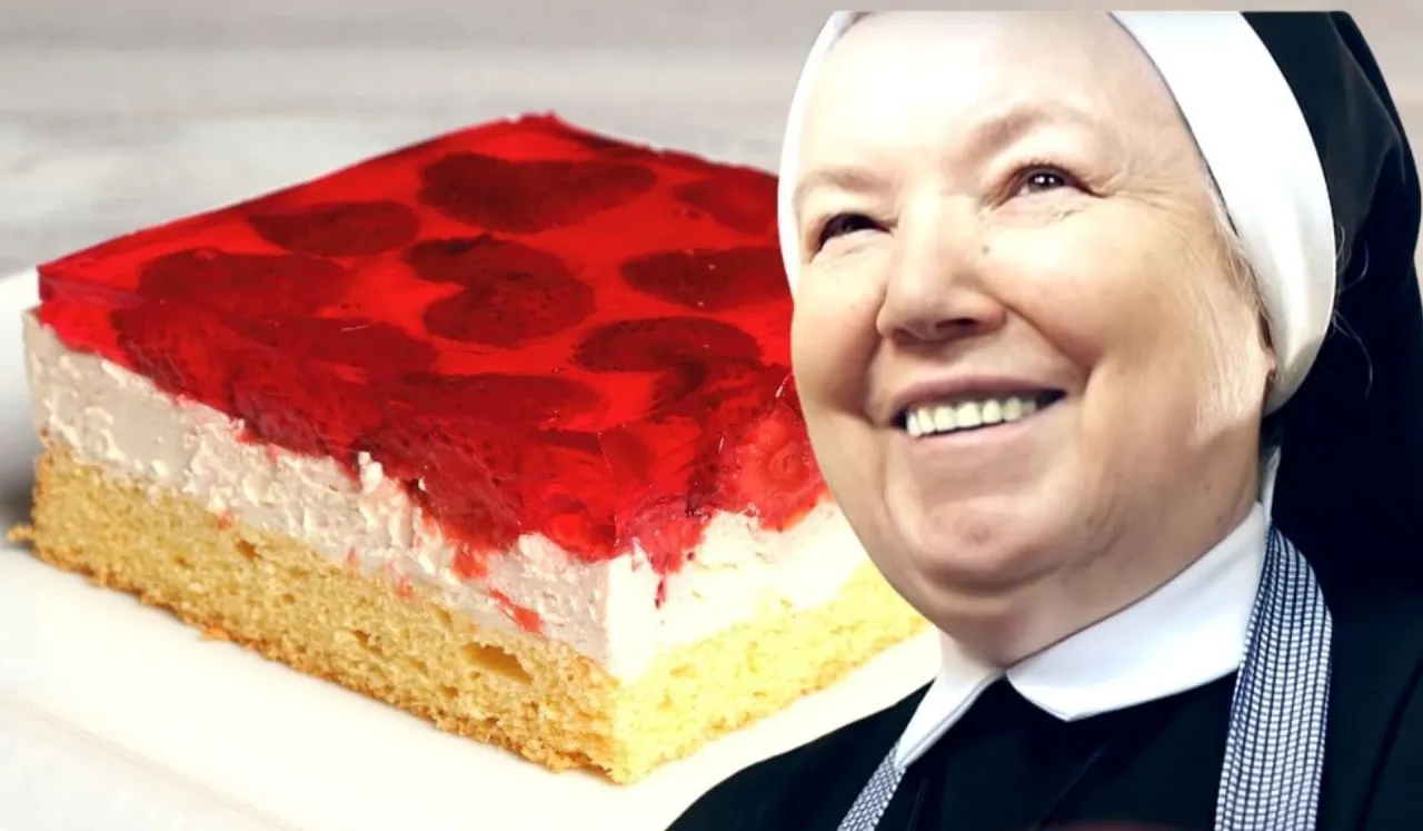 Przepis na ciasto z truskawkami siostry Anastazji. Puszysty biszkopt, krem i galaretka z owocami.