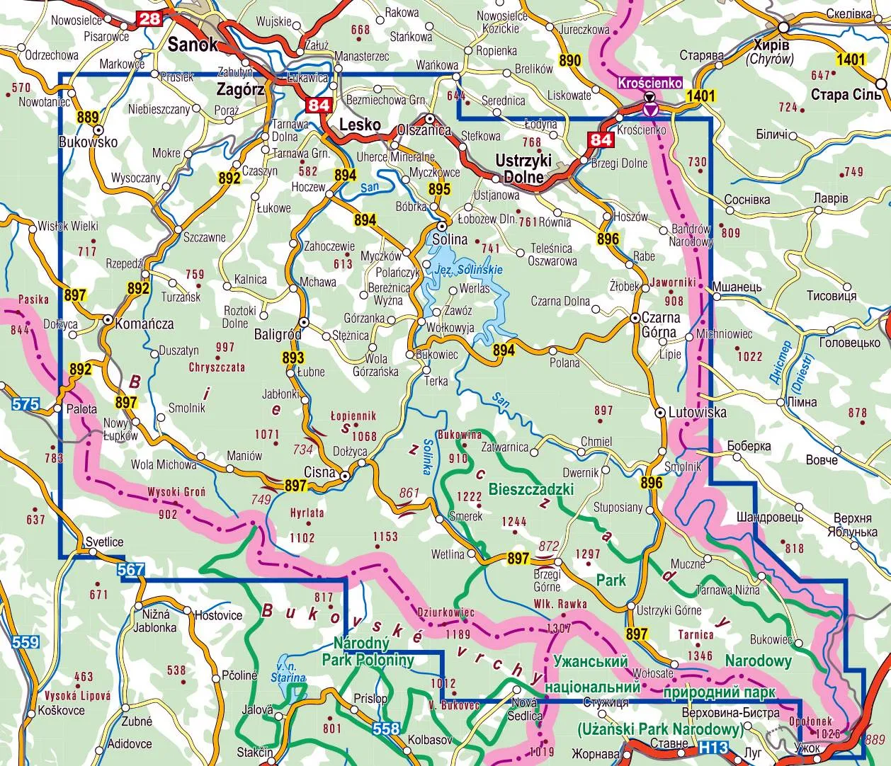 Mapa Bieszczad&oacute;w z zaznaczonymi miejscowościami turystycznymi