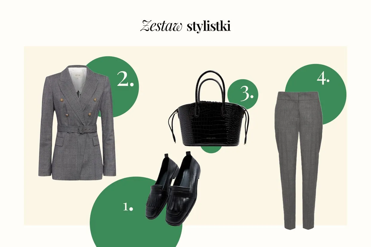 Elegancki kobiecy dress code: szara marynarka w kratę, czarne mokasyny, torebka i spodnie. Idealny zestaw do pracy.