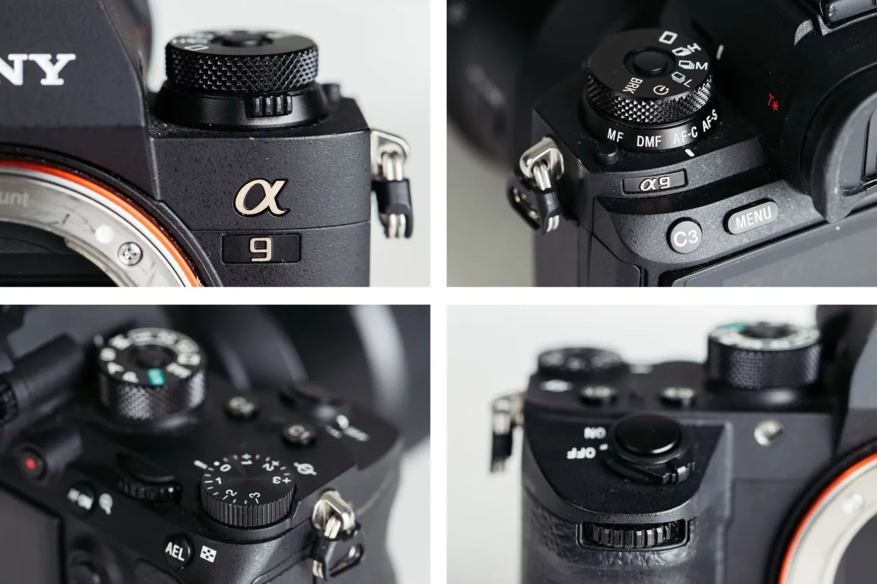 Zbliżenia na aparat Sony Alpha 9. Por&oacute;wnanie lustrzanki vs bezlusterkowiec &ndash; detale obudowy, pokrętła i przyciski.