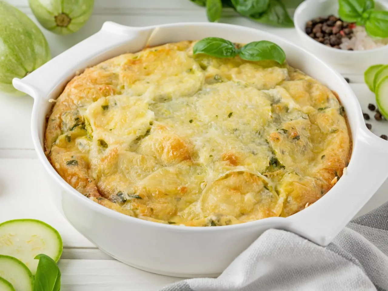 Zapiekanka z cukinii z serem i ziołami, idealna na obiad. Na stole świeże cukinie i bazylia.