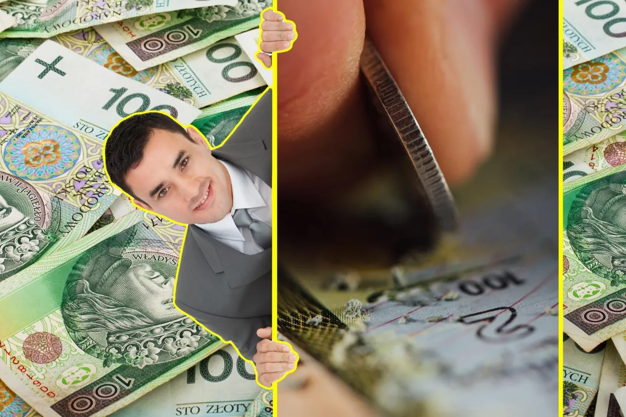 Uśmiechnięty mężczyzna w garniturze i moneta zdrapująca zdrapkę. Czy to klucz, jak wygrać w zdrapkę?