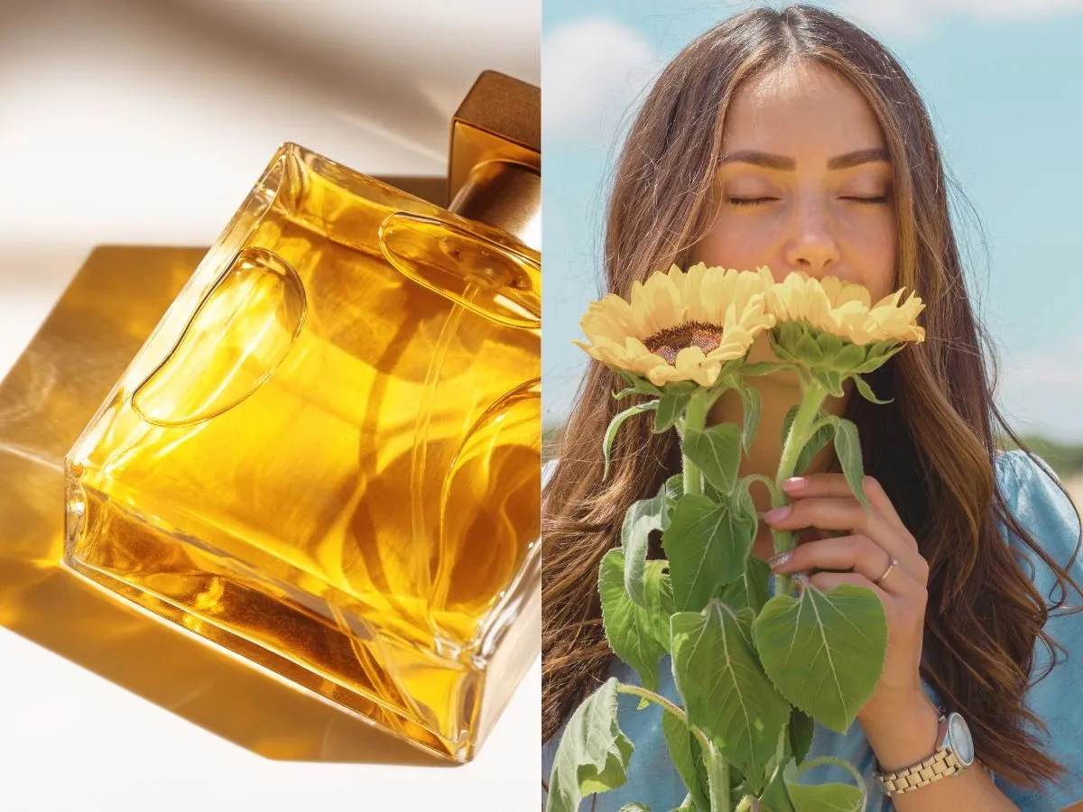 kobieta wąchająca perfumy w letnim słońcu