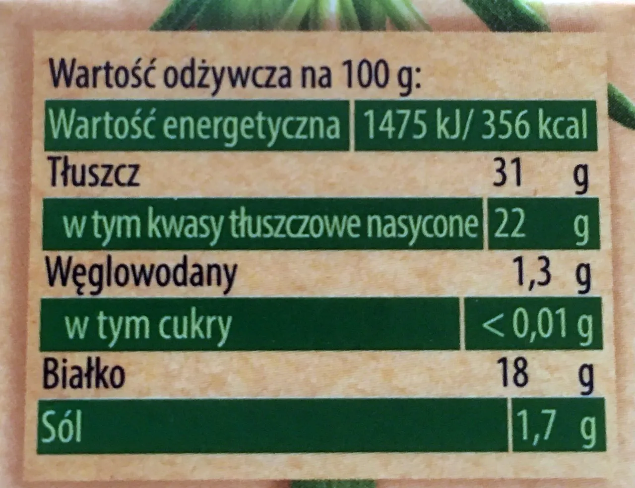 Tabela wartości odżywczych: 100g camemberta ma 356 kcal, 31g tłuszczu, 1,3g węglowodan&oacute;w i 18g białka.