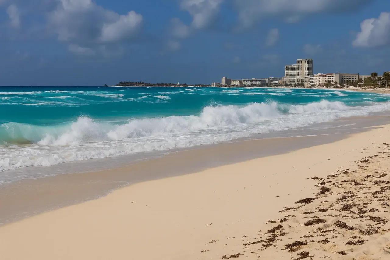 Piękne, turkusowe morze i piaszczysta plaża w Cancun. Czy w Cancun jest bezpiecznie? Turyści cieszą się słońcem i falami.