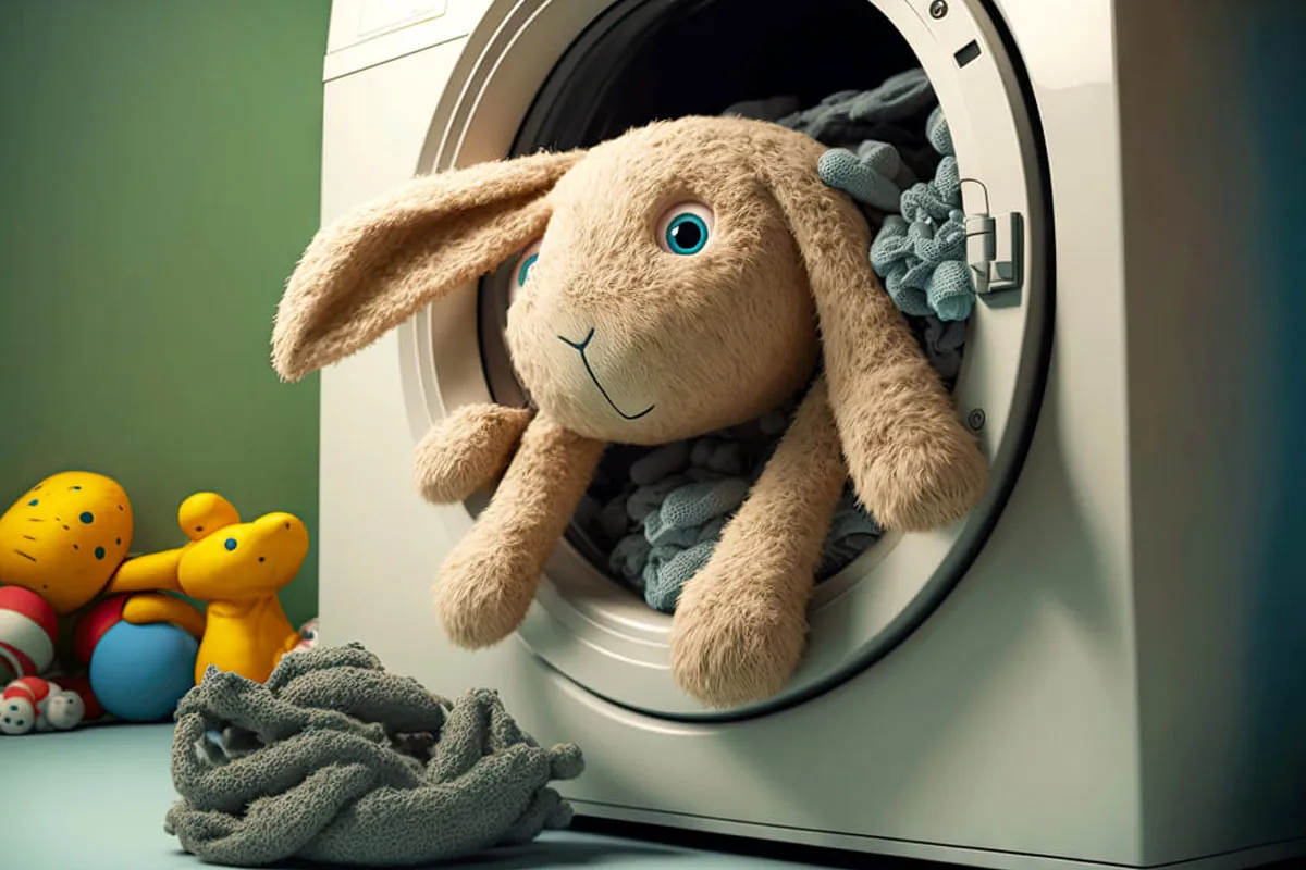 pranie ręczne dużego pluszaka w wannie, kobieta myjąca pluszowego misia w misce