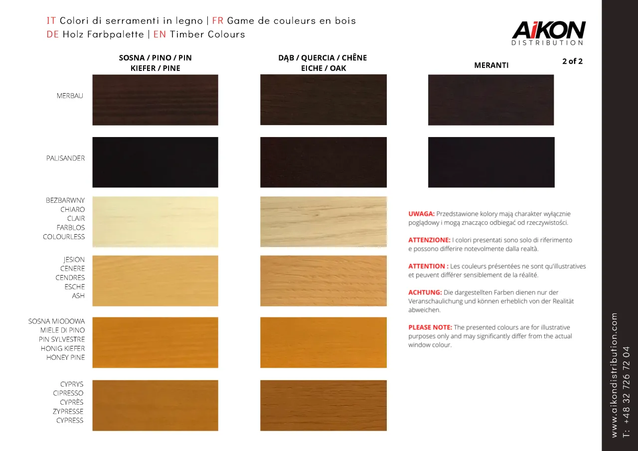 Próbki okien drewnianych w różnych odcieniach, prezentujące bogatą kolorystykę drewna.