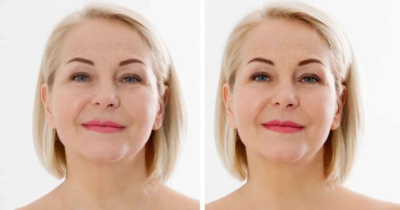 Kobieta po 40. pokazuje, jak wyglądać młodo. Po prawej stronie widać wygładzoną sk&oacute;rę i promienny uśmiech.