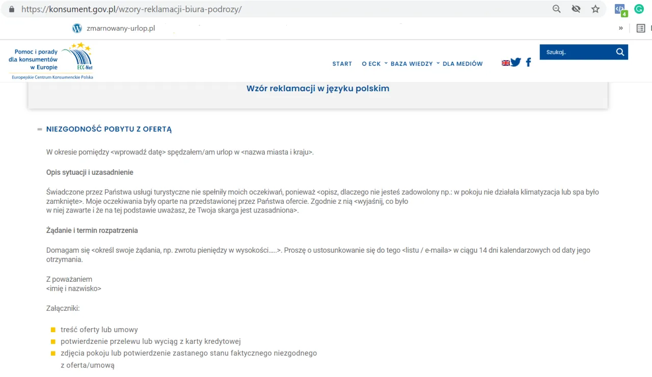 reklamacja niezgodność hotel z ofertą