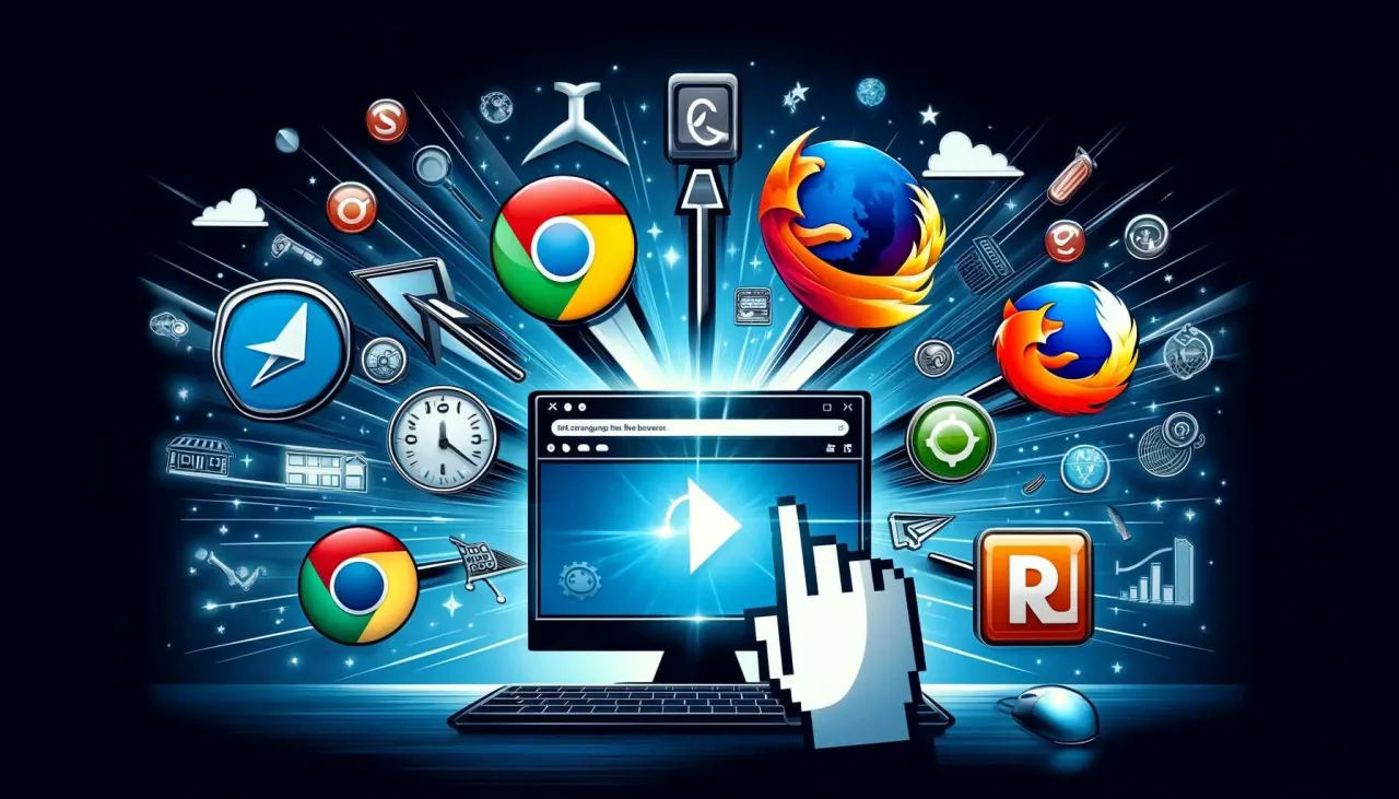 Ikony przeglądarek, jak Chrome i Firefox, otaczają ekran komputera. Dowiedz się, jak zmienić gł&oacute;wną przeglądarkę.