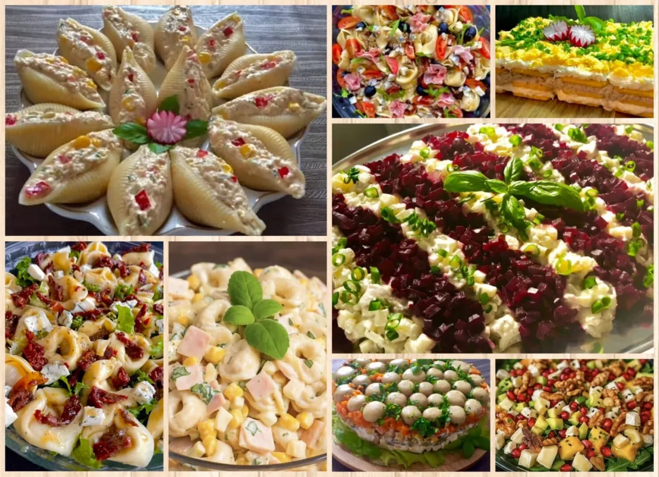 eleganckie sałatki na przyjęcie, sałatki warstwowe, sałatki na półmiskach