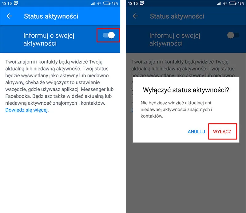 Messenger ustawienia prywatności, wyłączanie aktywności