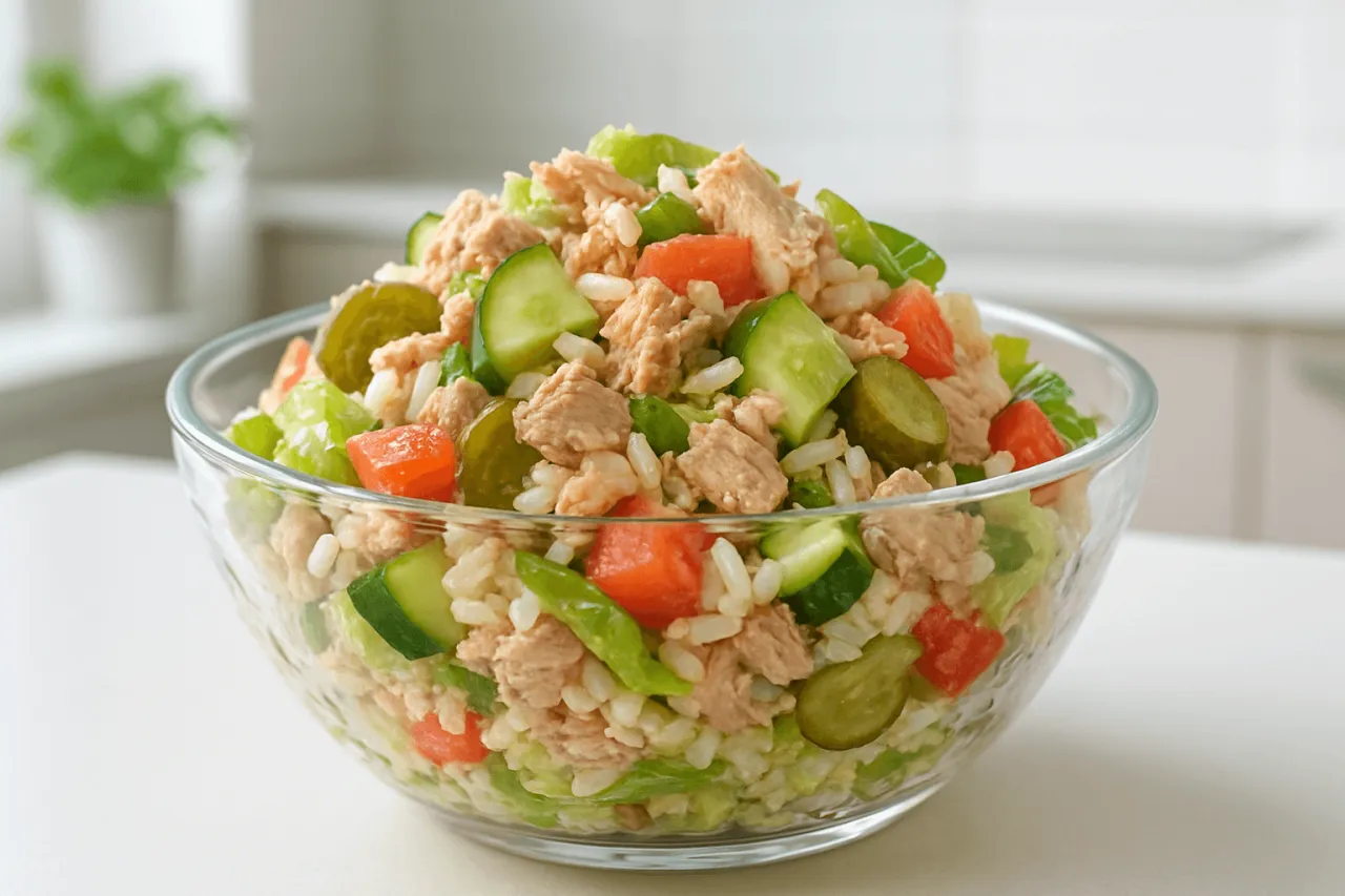 Pyszna sałatka z tuńczyka z ryżem, ogórkiem, pomidorem i papryką. Idealna inspiracja, jak zrobić sałatkę z tuńczyka.