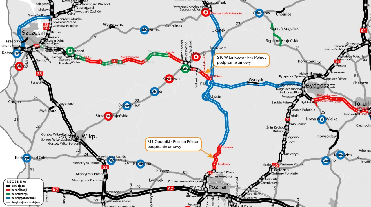 Mapa trasy Szczecin Warszawa samochodem A6 S3 A2