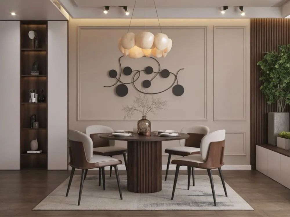 dekoracje ścienne przy stole w salonie