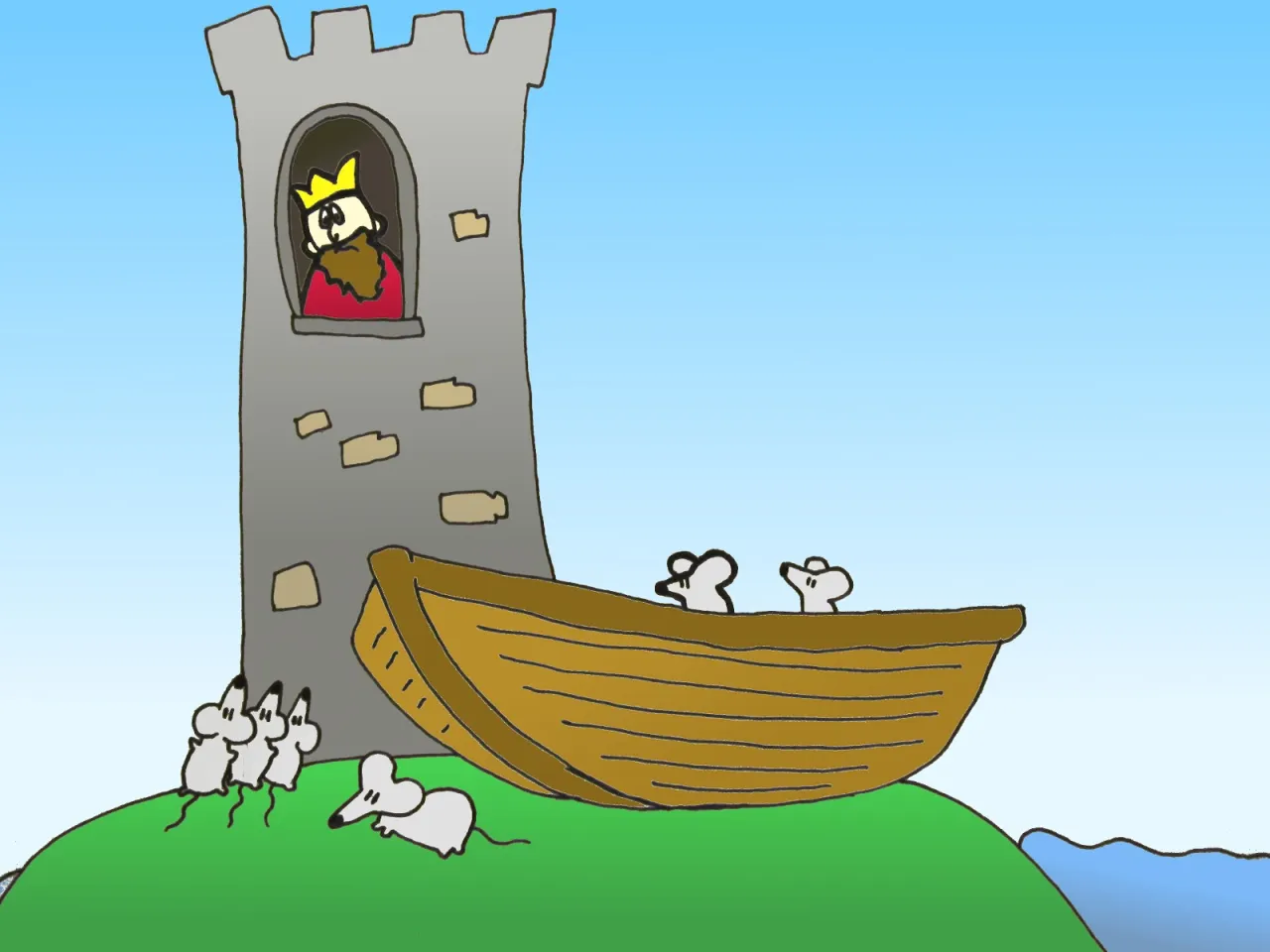 Kr&oacute;l z wieży patrzy na myszy w łodzi. Czy to początek legendy o Popielu?