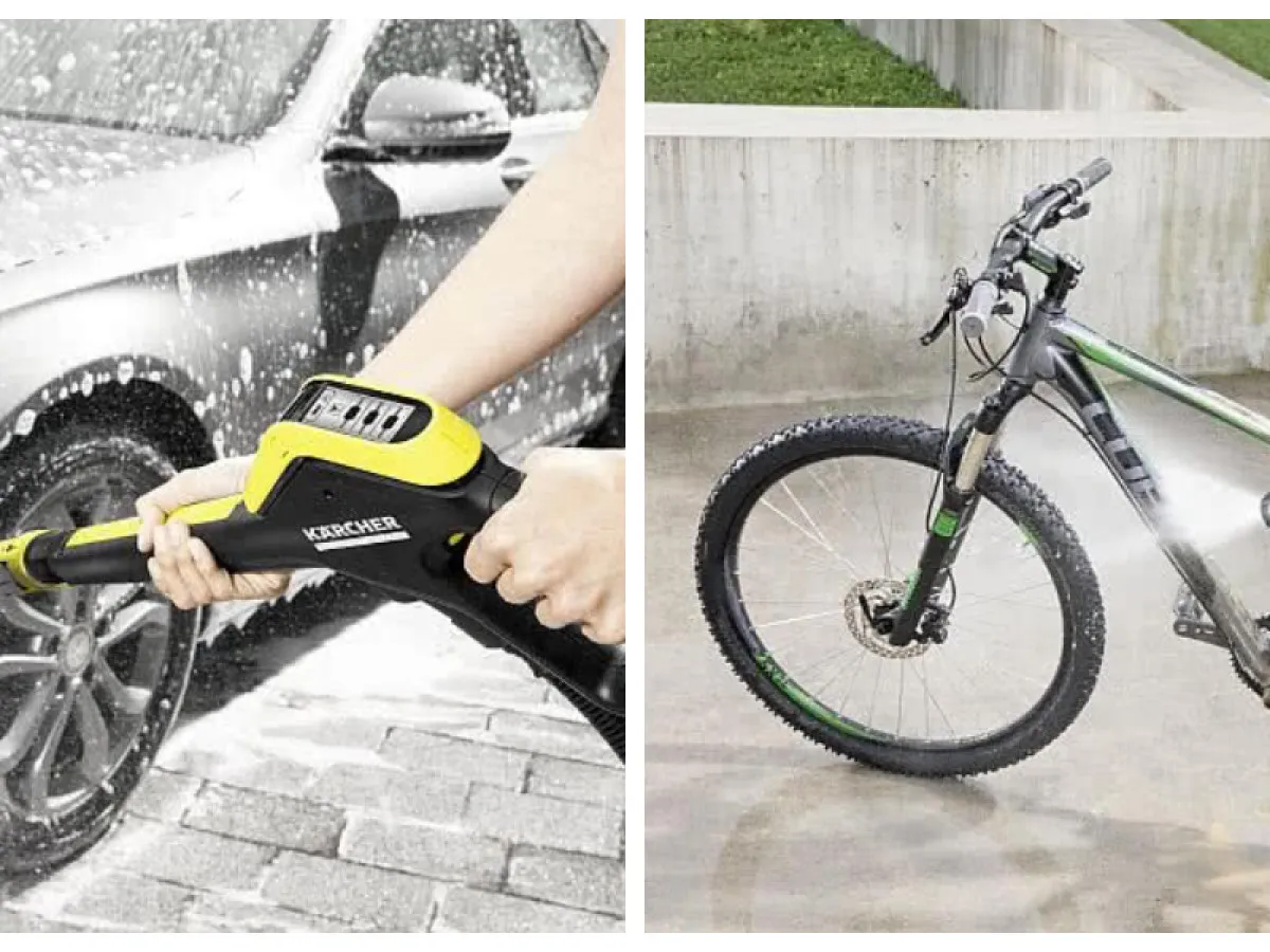 Mycie roweru Karcherem jest możliwe! Na zdjęciu widzimy rower g&oacute;rski czyszczony myjką ciśnieniową.