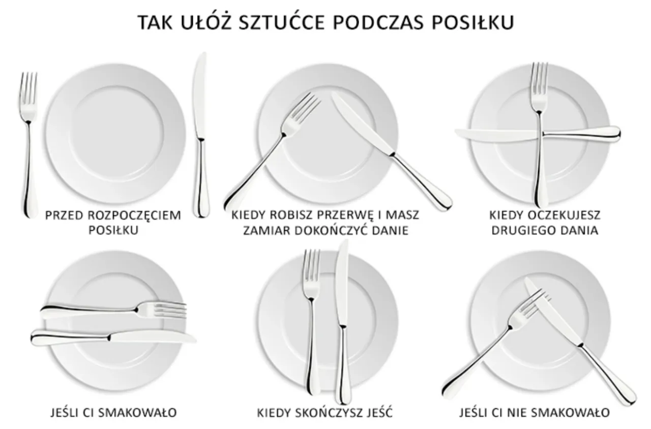 Jak jesc catering? Ilustracja pokazuje, jak układać sztućce na talerzu w zależności od sytuacji: przed posiłkiem, podczas przerwy, gdy oczekujesz kolejnego dania, gdy smakowało, gdy skończyłeś jeść i gdy nie smakowało.