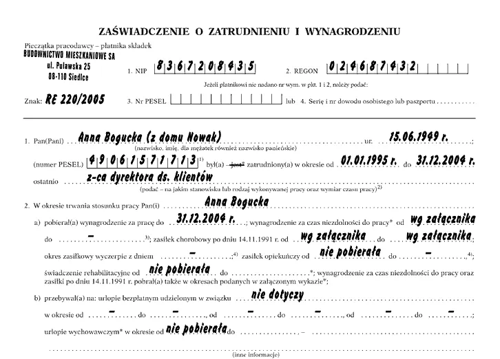 formularz ZUS Rp-7, świadectwo pracy, dokumenty emerytalne