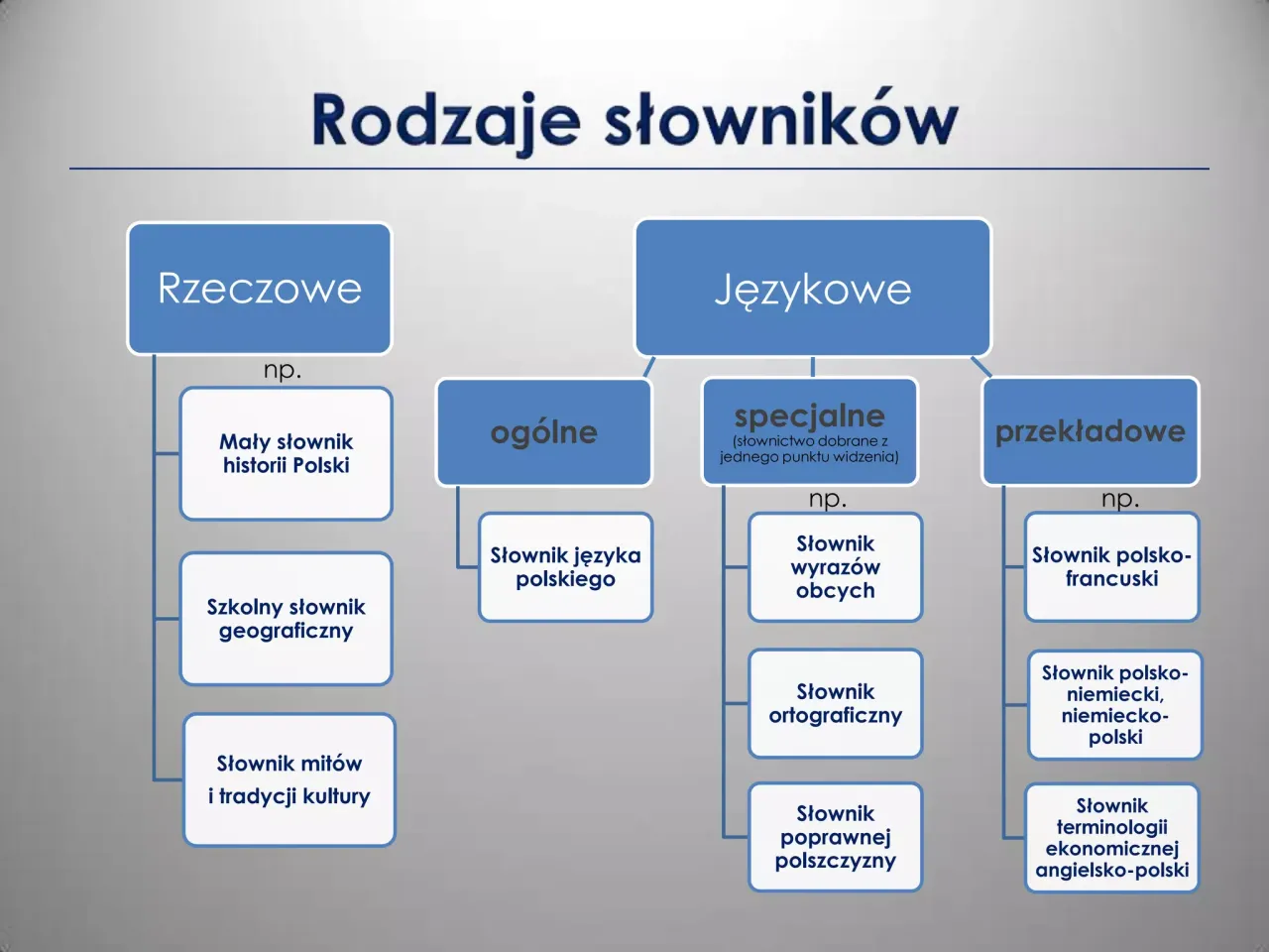 różne rodzaje słowników języka polskiego na półce i na ekranie laptopa