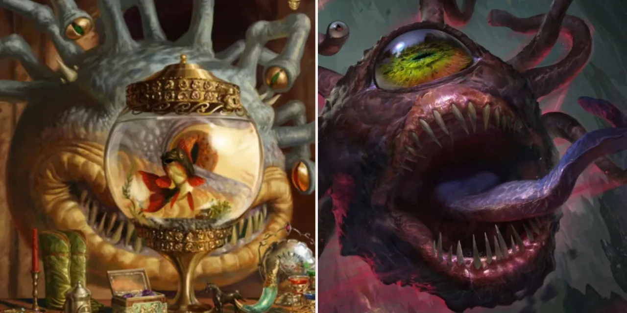 Dwa przerażające beholder po polsku, jeden z rybką w akwarium, drugi z otwartym pyskiem i wyciągniętym językiem.