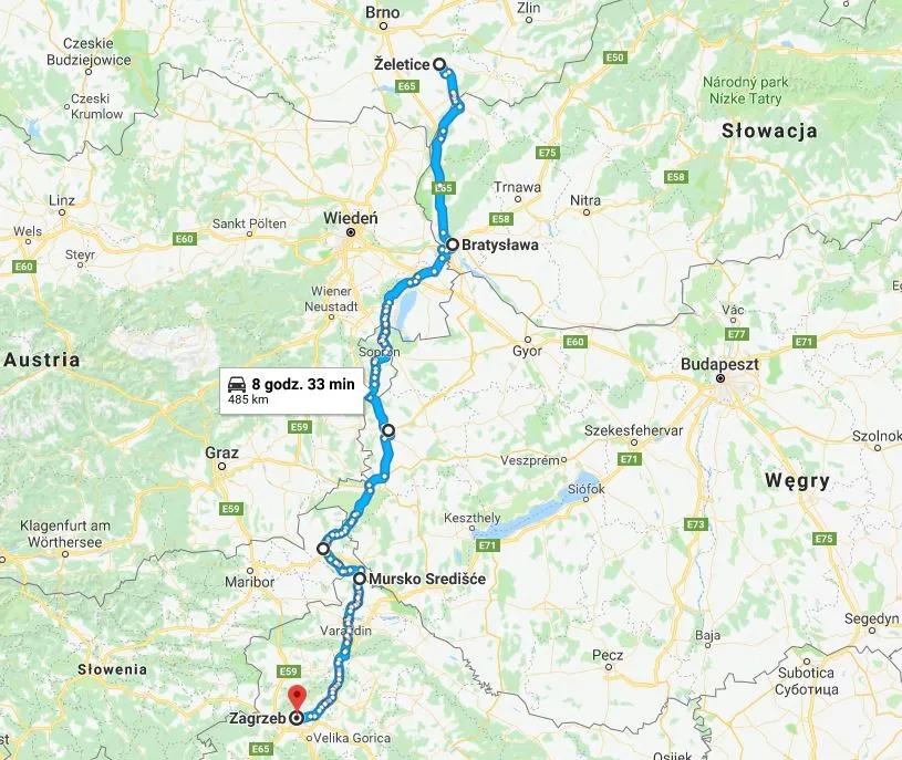 Mapa trasy samochodowej Polska Zadar przez Słowację Węgry
