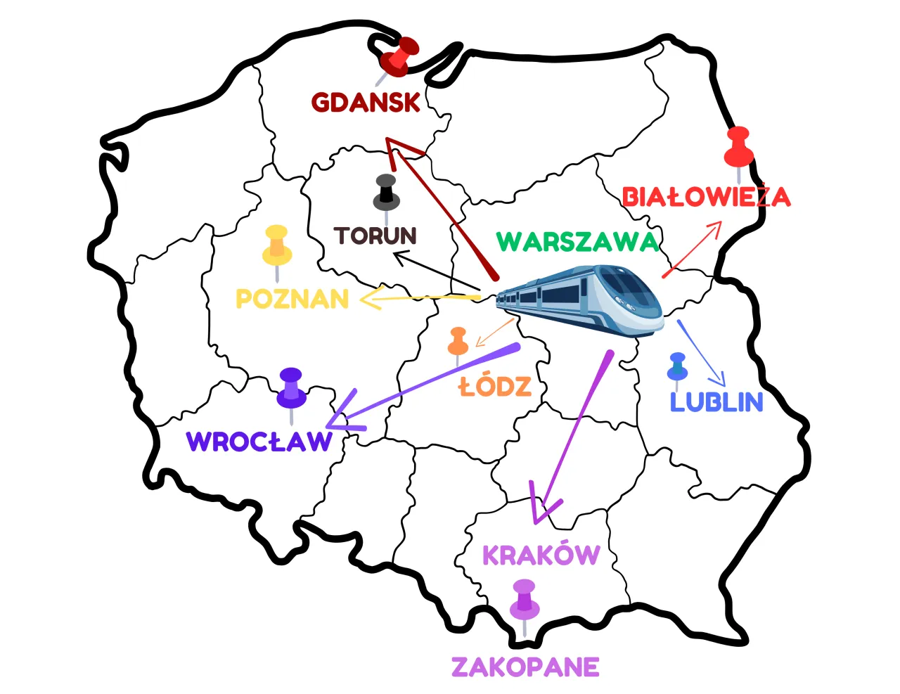 Mapa Polski z zaznaczonymi miastami atrakcyjnymi dla dzieci, dojazd pociągiem