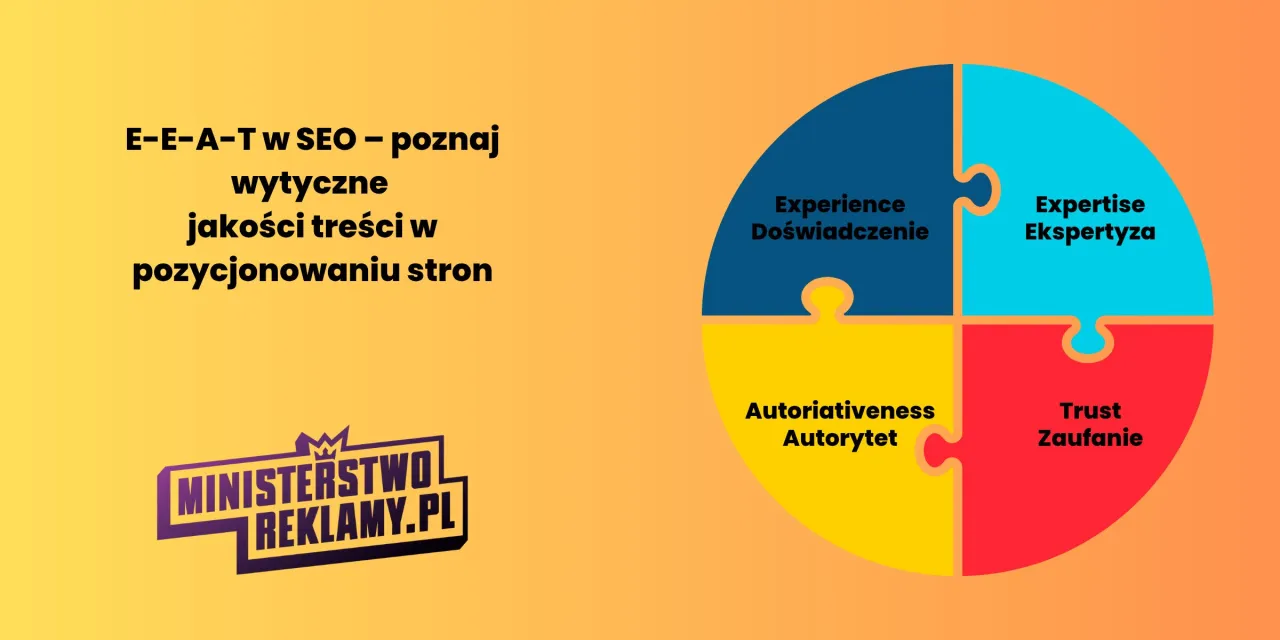 E-E-A-T w SEO: doświadczenie, ekspertyza, autorytet i zaufanie budują topical authority. Logo 